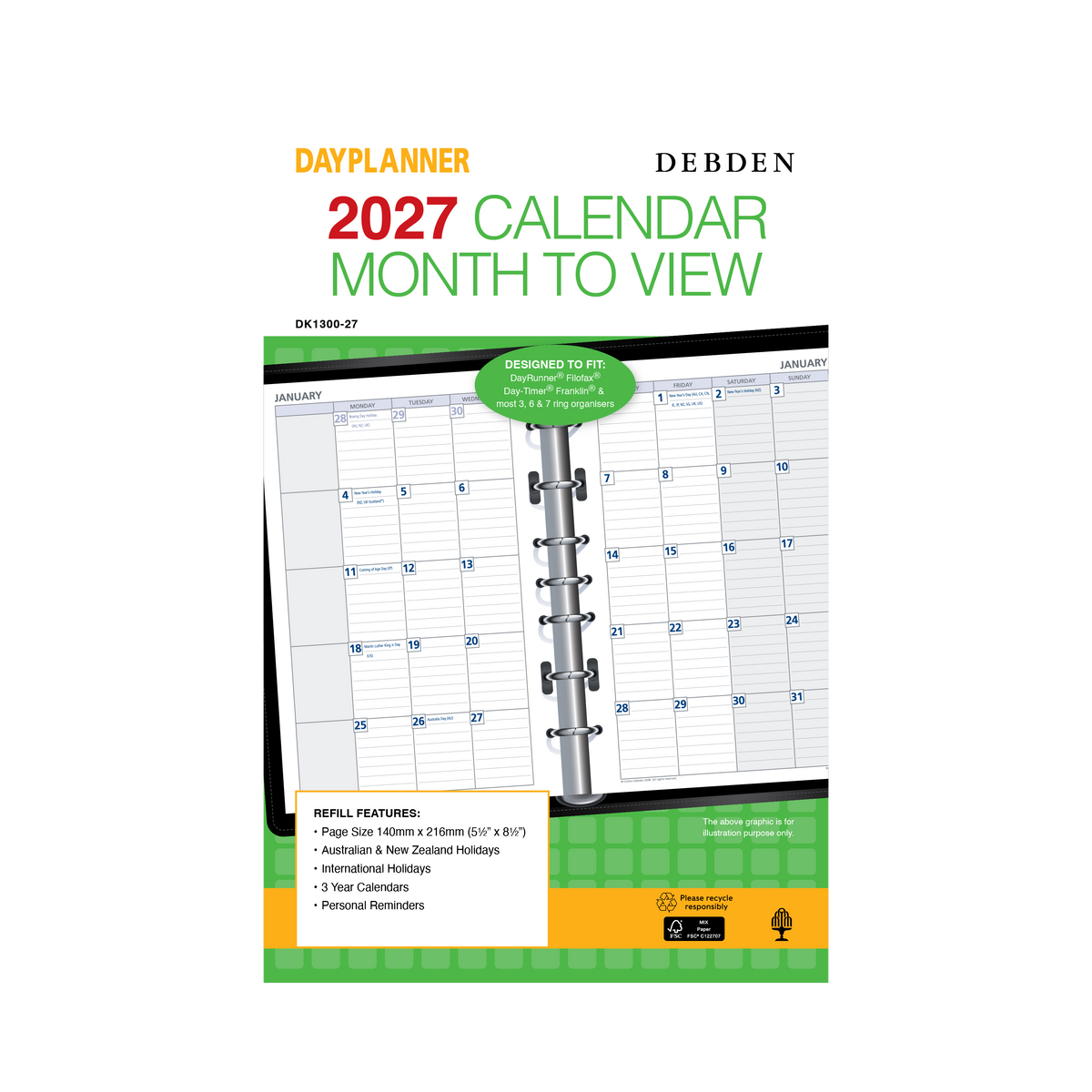 2027 Calendar Year Diary/Planner - 12 Month Desk Month to View - Refill - Collins Day Planners Range