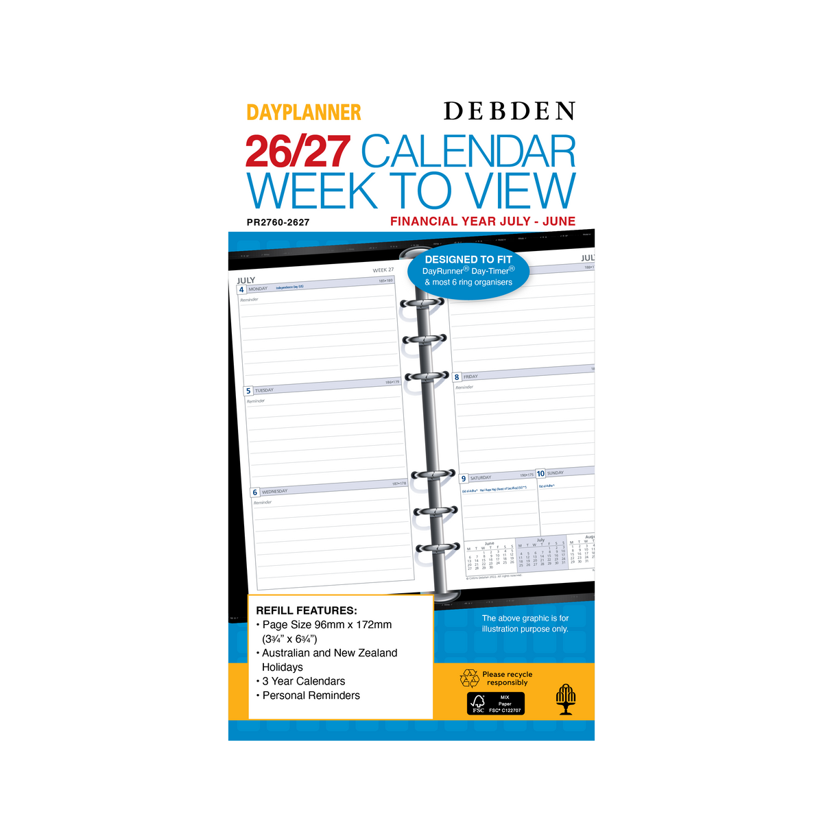 2026 -2027 Financial Year Diary/Planner - 12 Month Personal Week to View Refill - Debden Day Planner Range